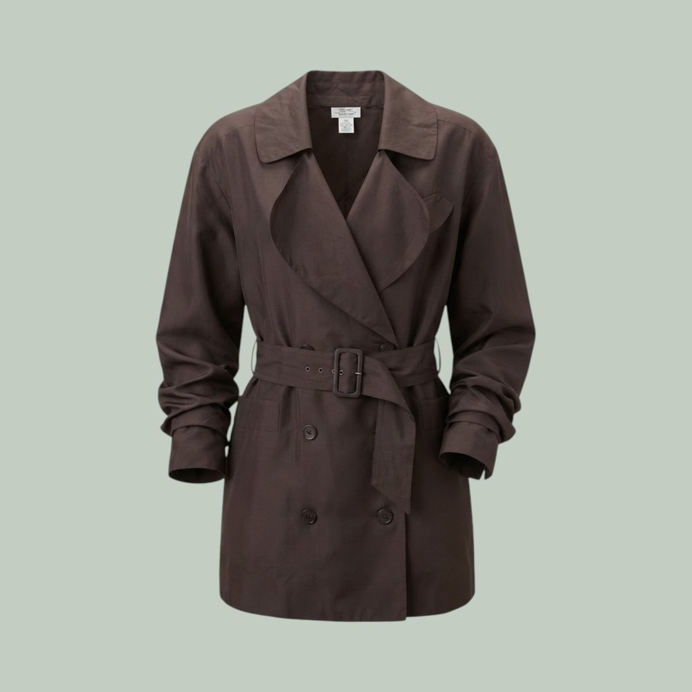 Reflections Images of You Brown 100% Silk Trench Coat Belted Double Breasted 10